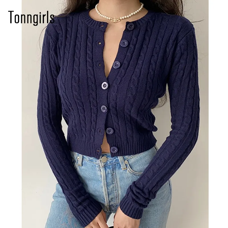 Tonngirls Vintage Cardigan Long Sleeve Slim Knitted Black Cardigan V Neck Solid White Cropped Cardigan Streetwear Sweater Female