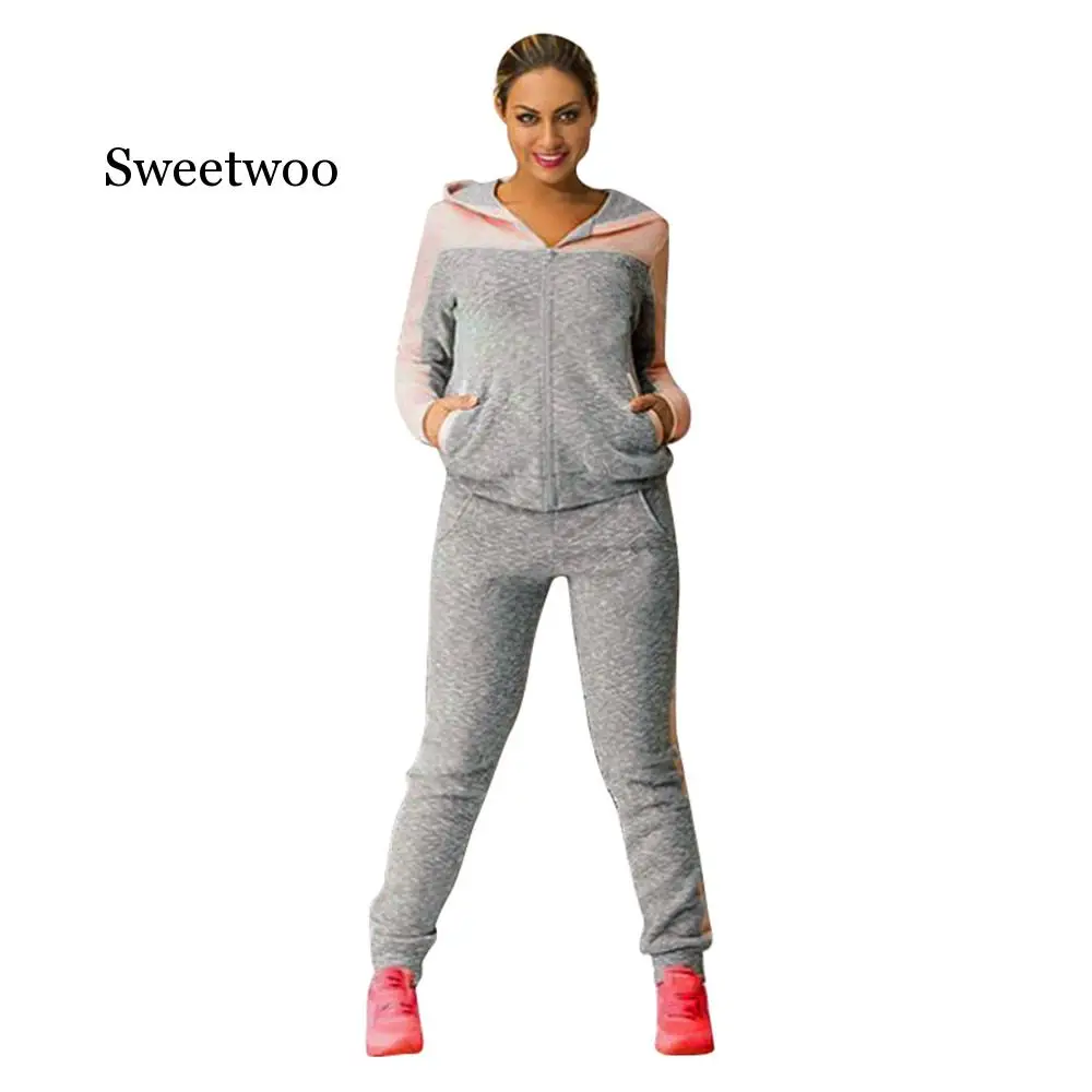 Spring Autumn Casual 2 Pieces Suit Women Hoodies Tops Tracksuit Sweat Suit Women's Set Sportswear Solid Long Pants Gray Green