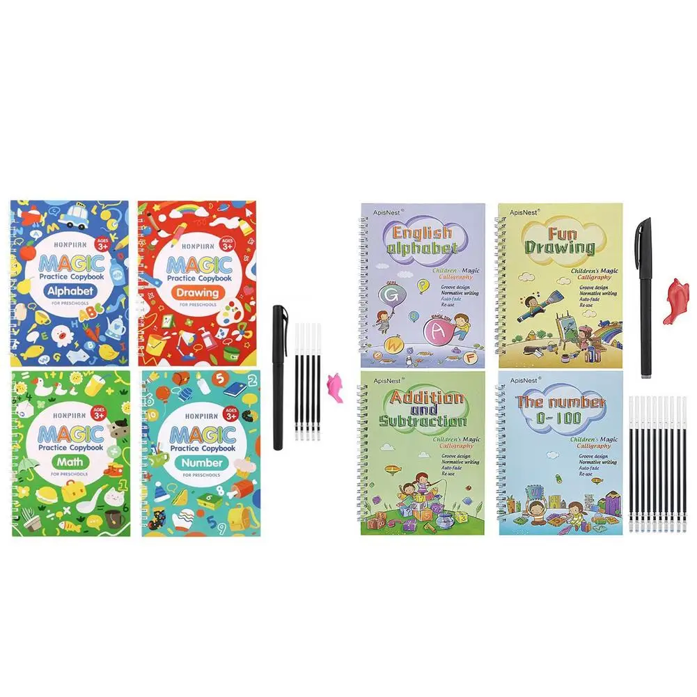 4 Books+Pen Set Magic Practice Book Free Wiping Children's Toy Writing Sticker English Copybook For Calligraphy Montessori Toys