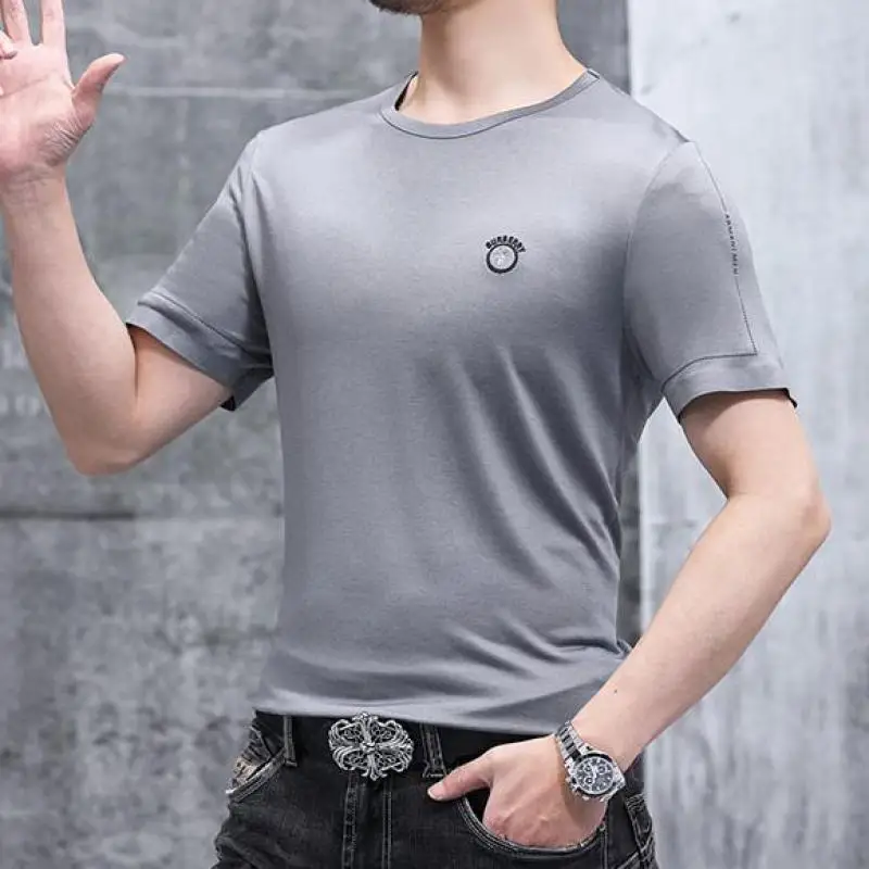 Summer Smooth Blue Ice Silk Men T Shirts Grey Black Oversize Wide T-shirts Cozy Comfortable Loose Big Size Stretch Classic Tops