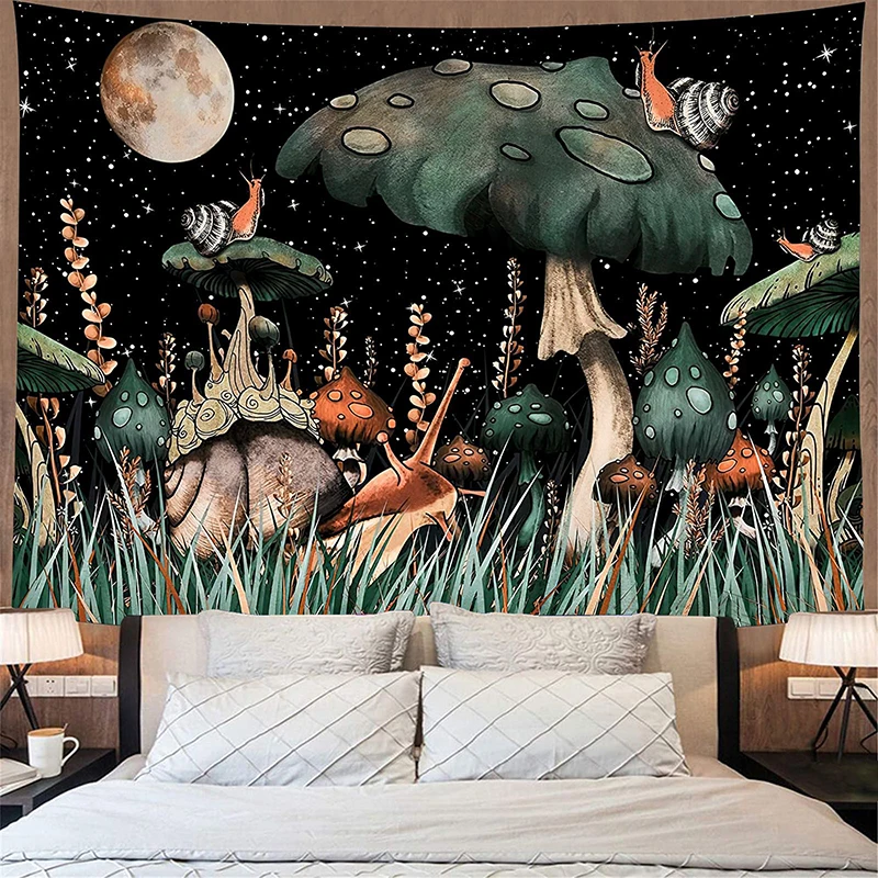 

Hippie Tapestry Psychedelic Mushroom Wall Tapestry Night Sky Anime Moon Snail Wall Hanging Carpet Cloth Home Room Decor Gift