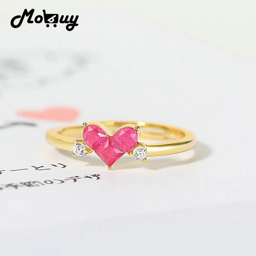 MoBuy Cute Sweety Heart 925 Silver Ring For Women Synthetic Corundum 14K Gold Plated Fine Jewelry Gift Japanese Style MBRI151