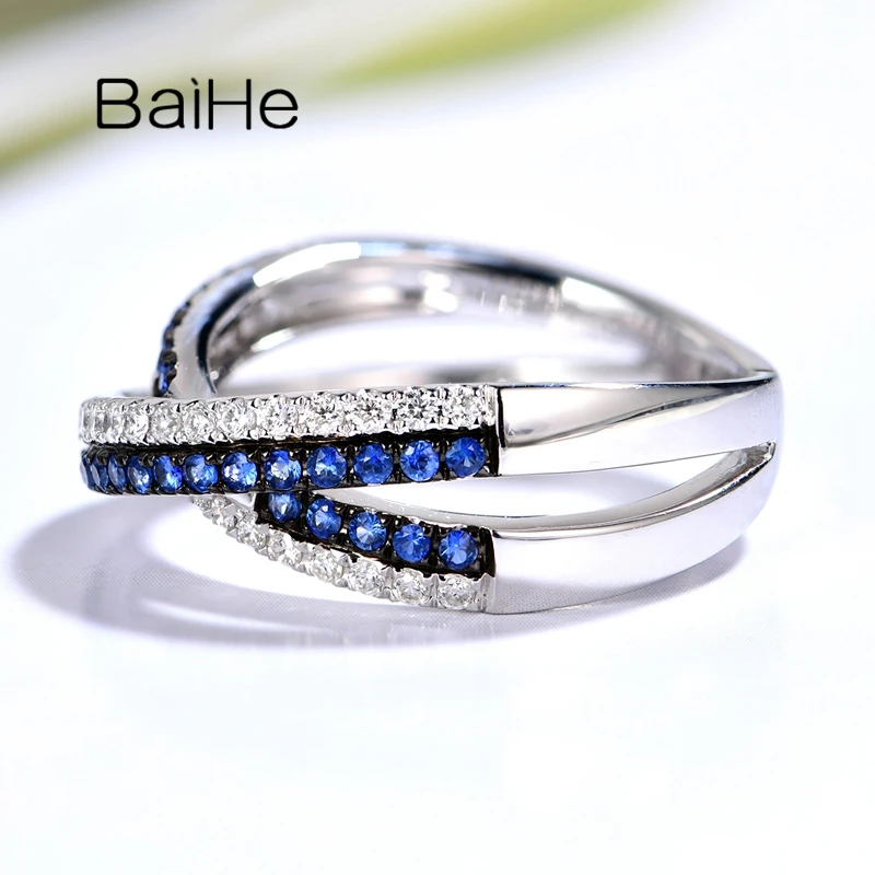 BAIHE Real Solid 14K White Gold Natural Sapphire Diamond Intersecting shape Ring Women Men Trendy Party Fine Jewelry Engagement