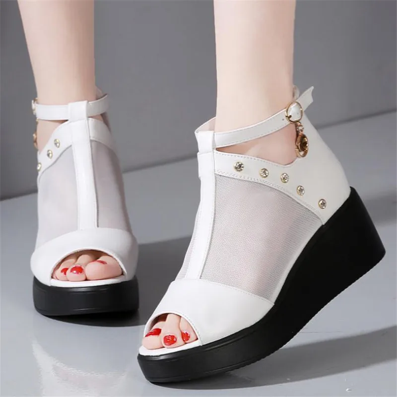 Size 33-43 Summer Women's Sandals Mesh Stitching Rhinestone Korean Version of the Wild Super Slope with Fish Mouth Casual Shoes