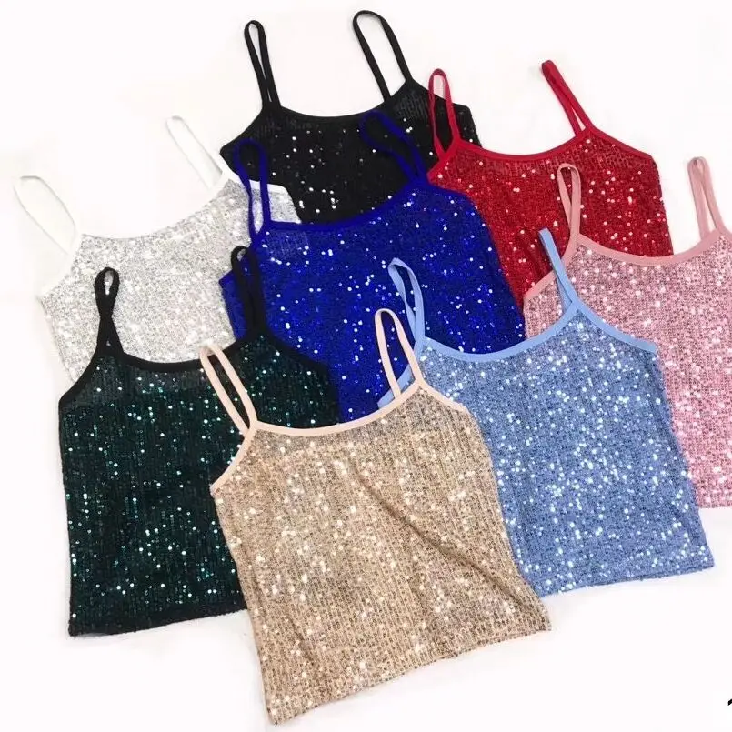 Sequined Shinning Elasticity Camis Crop Tops Girls 2020 Spring Summer Sexy Fashion Sleeveless Tshirts Tanks For Women