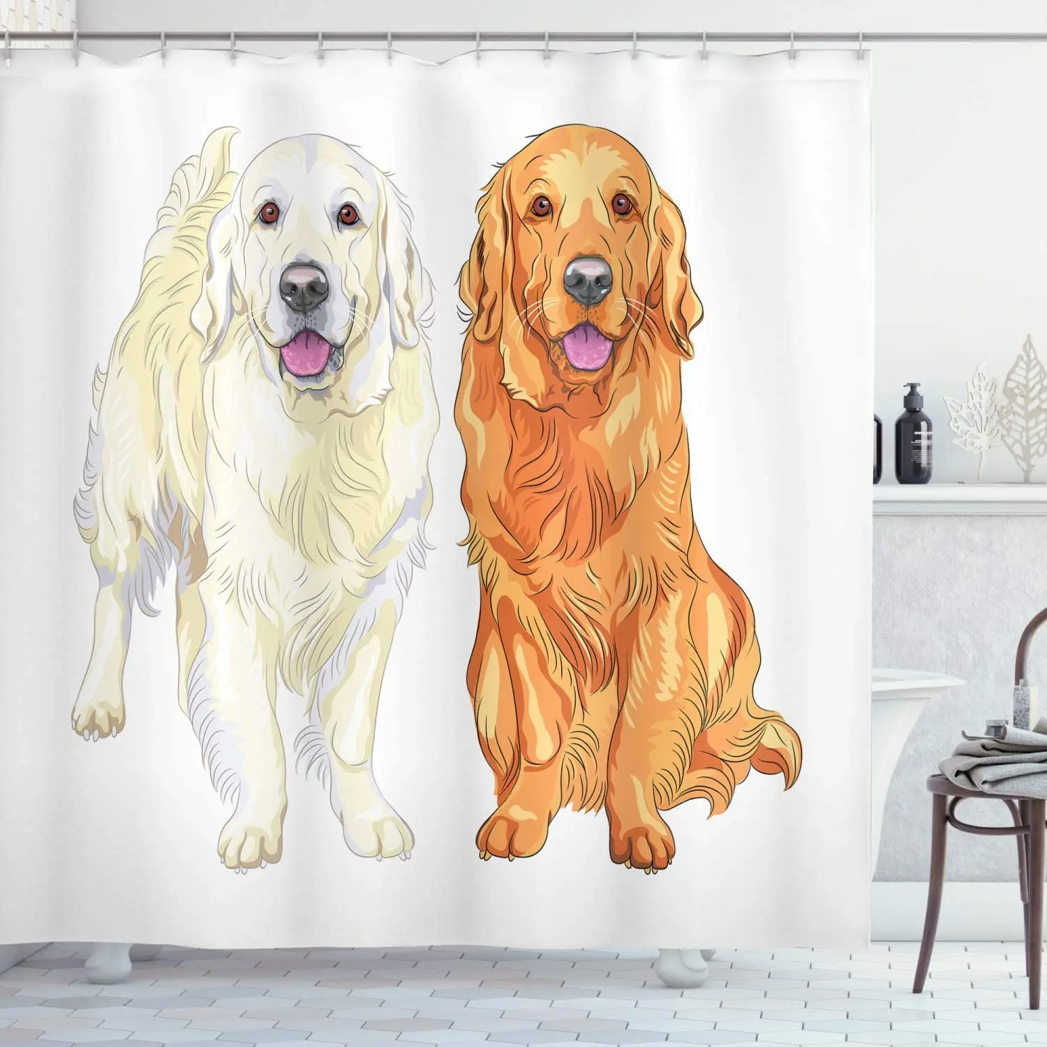 Golden Retriever Shower Curtains Smiling Pale and Red Dog Pure Breed Sitting Staying Thoroughbred Fabric Bathroom Decor Set