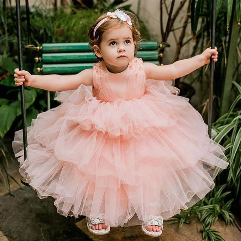 Pageant blush rosa pérolas em camadas tule vestido da menina da flor para a festa de casamento até o chão miçangas crianças aniversário formatura vestido da criança