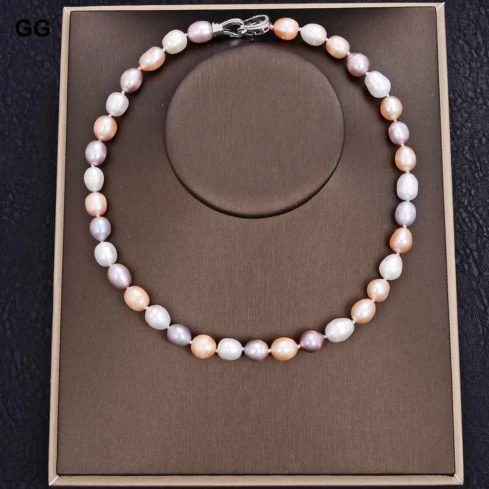 natural Freshwater Pearl Pink Purple White Rice Mixed Color Pearl Choker Necklace cz pave clasp For Women Girl Jewelry Gift