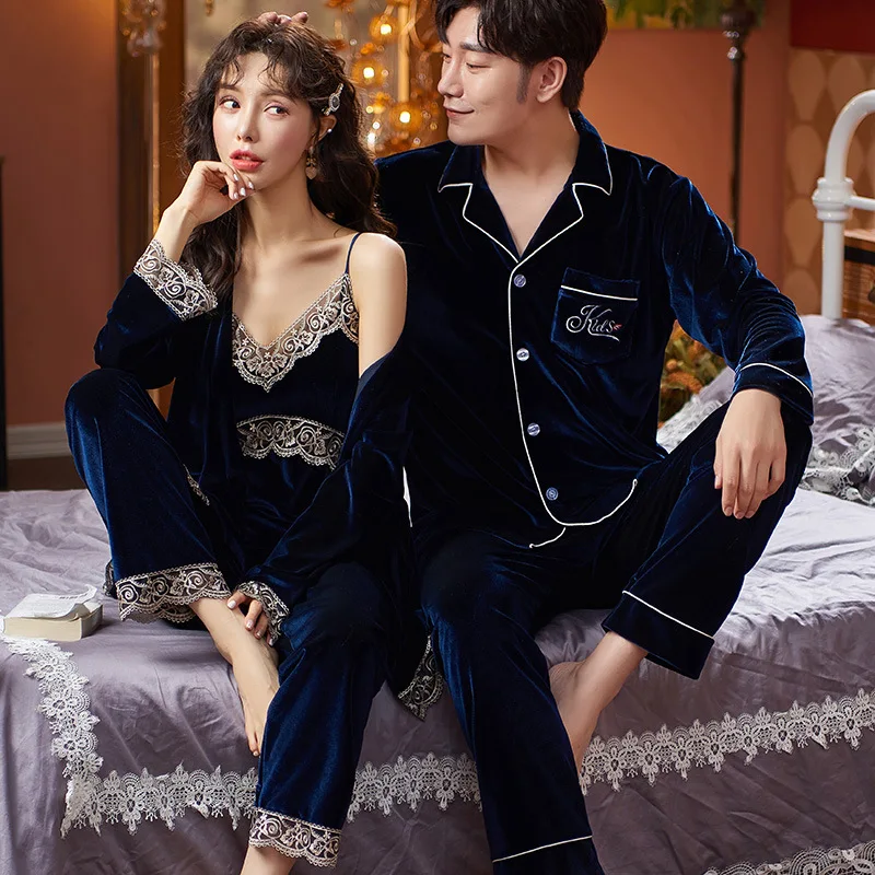 Velour Couple Pajamas Set Autumn Winter Women Sleepwear Pijamas Suit Sexy Patchwork Lace Bathrobe Lingerie Casual Home Clothes