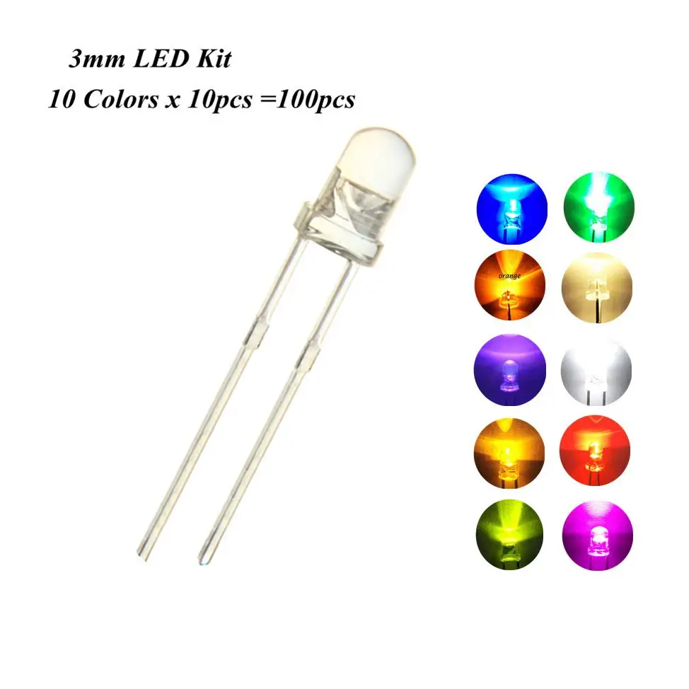 100PCS, 3MM F3 DIP LED Kits, 10Colors x10Pcs=100Pcs,  Red Blue Yellow Green Pink Purple Orange Warm White