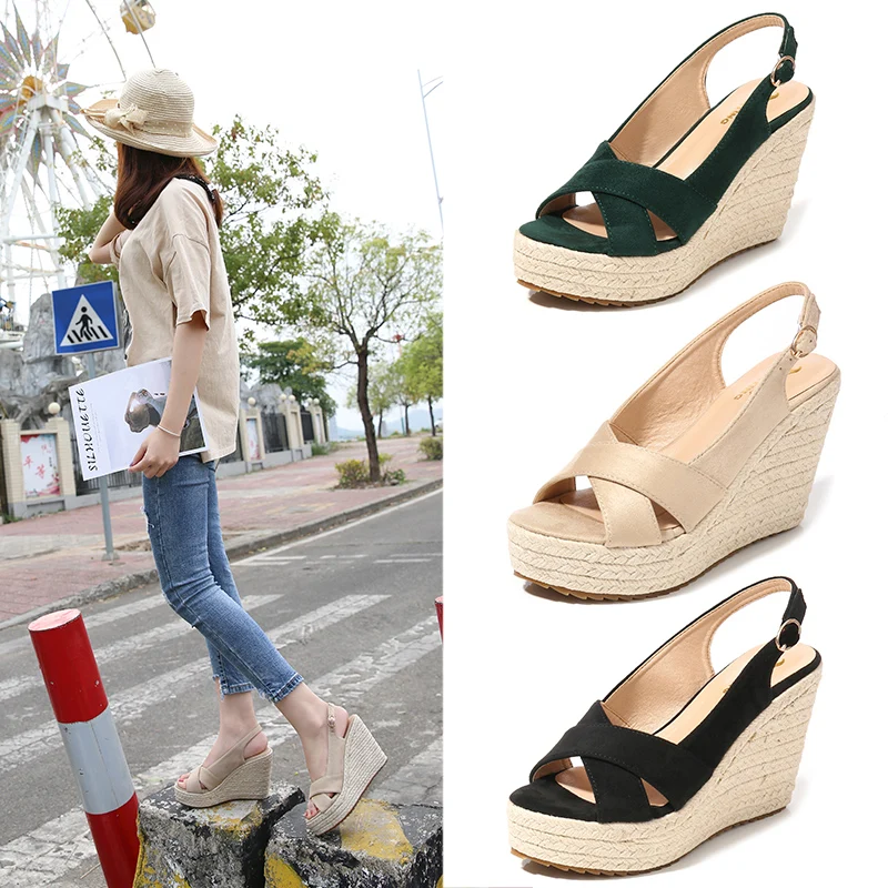 31-44 Women\'s Shoes Sandals 10cm High Heel Straw Wedges Heel Sandals Woman Platform Green Sandals