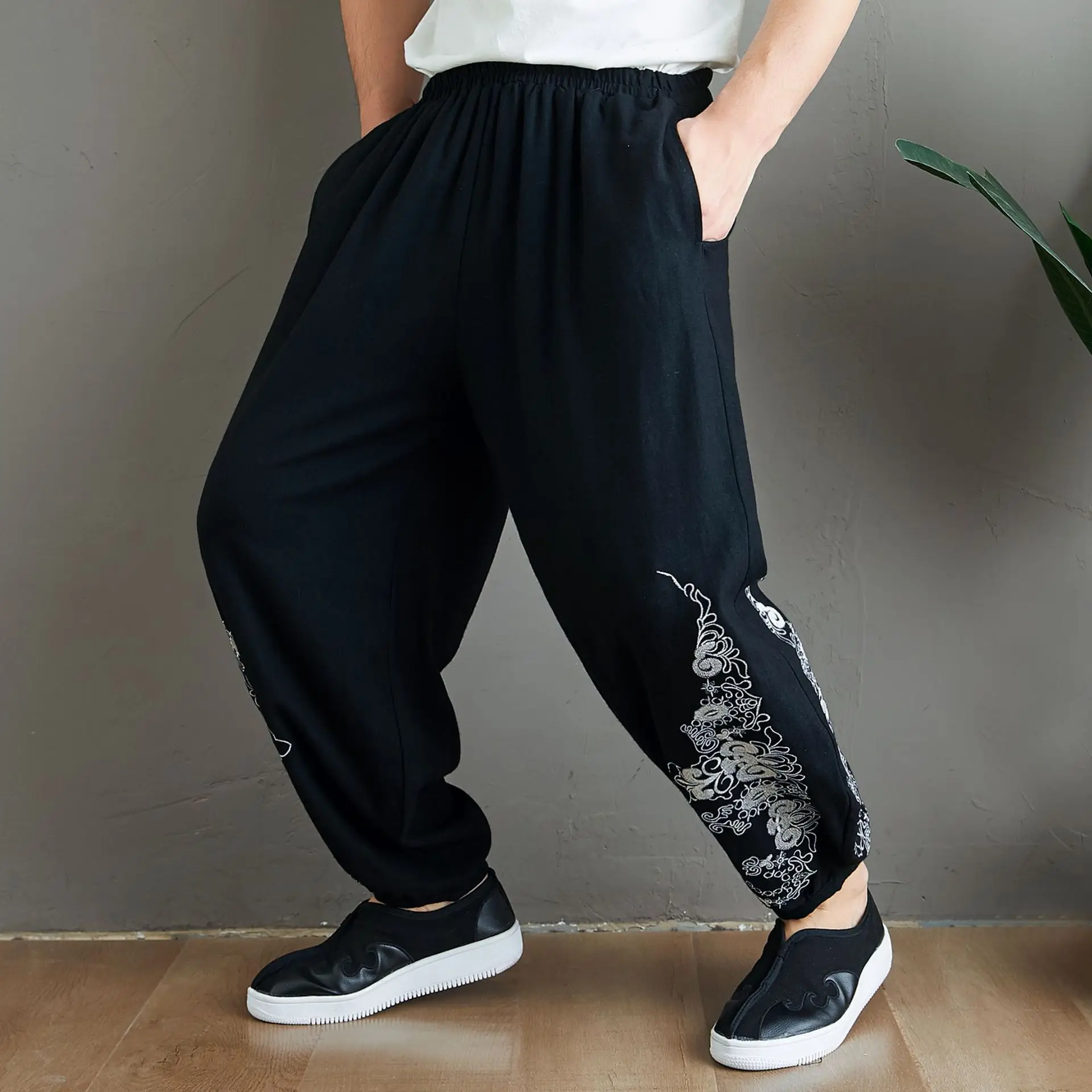 

Spring Men Sweatpants Linen Embroid Loose Quickly Dry Wide Leg Bloomer Baggy Running Jogger Workout Casual Gym Pant Sportswear