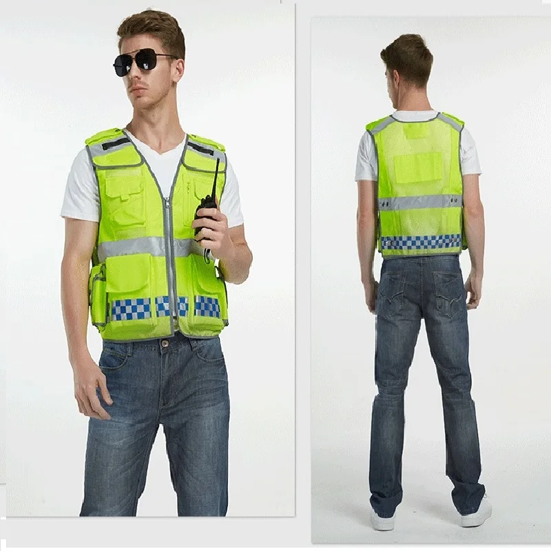 

Hi-Vis Safety Vest With Zipper Reflective Jacket Security Waistcoat High Visibility Reflective bonded multiple pockets Vest Mens