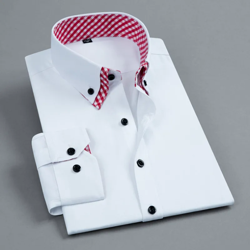 Men Shirt Double Collar Plaid French Cuff Mens Dress Shirts Social Fashion Slim Business Casual Formal Shirts