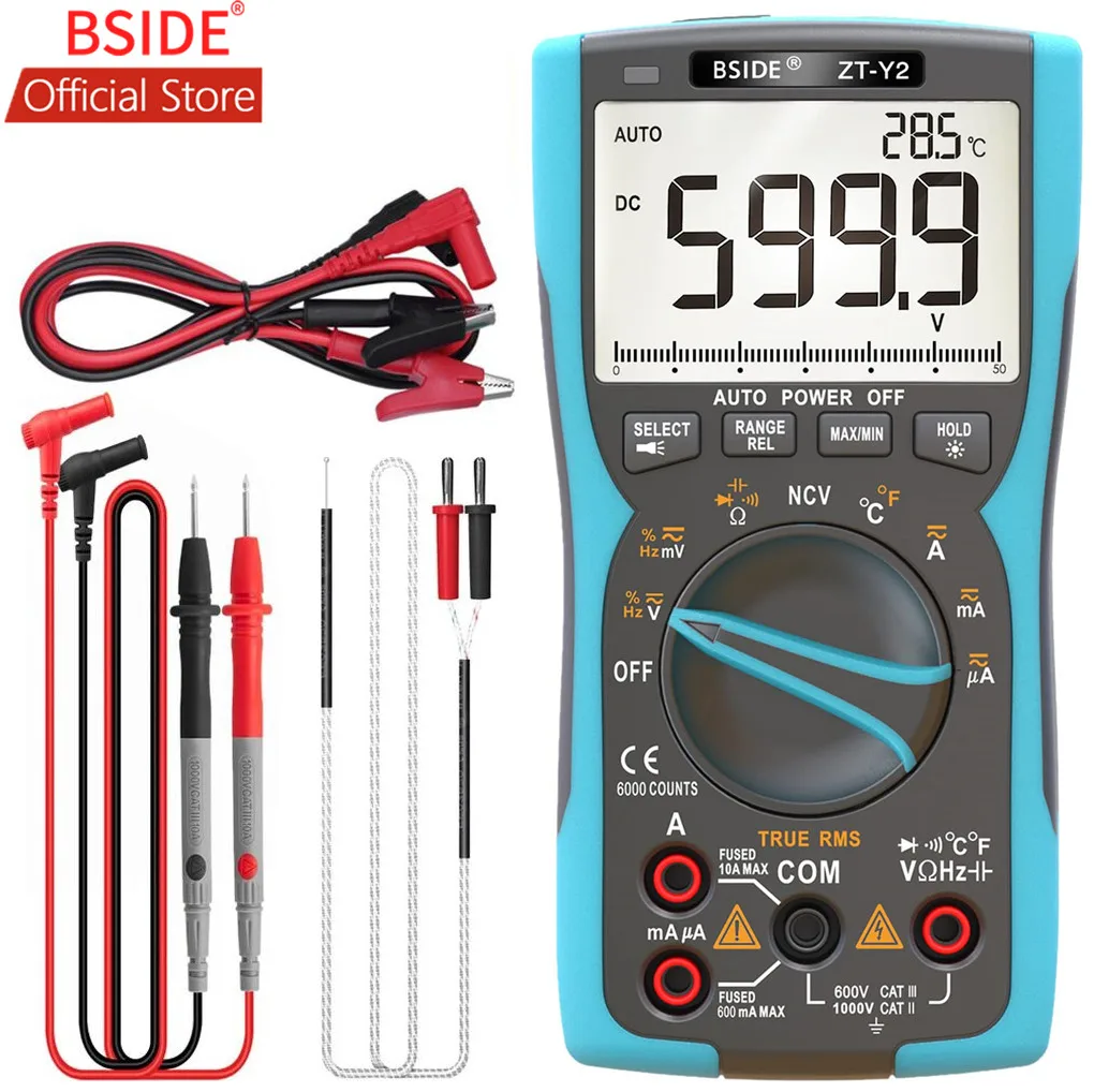 BSIDE Digital Multimeter True RMS Auto-Ranging Capacitance Temperature Voltage Current Hz Ohm Duty Cycle Tester with Analog Bar