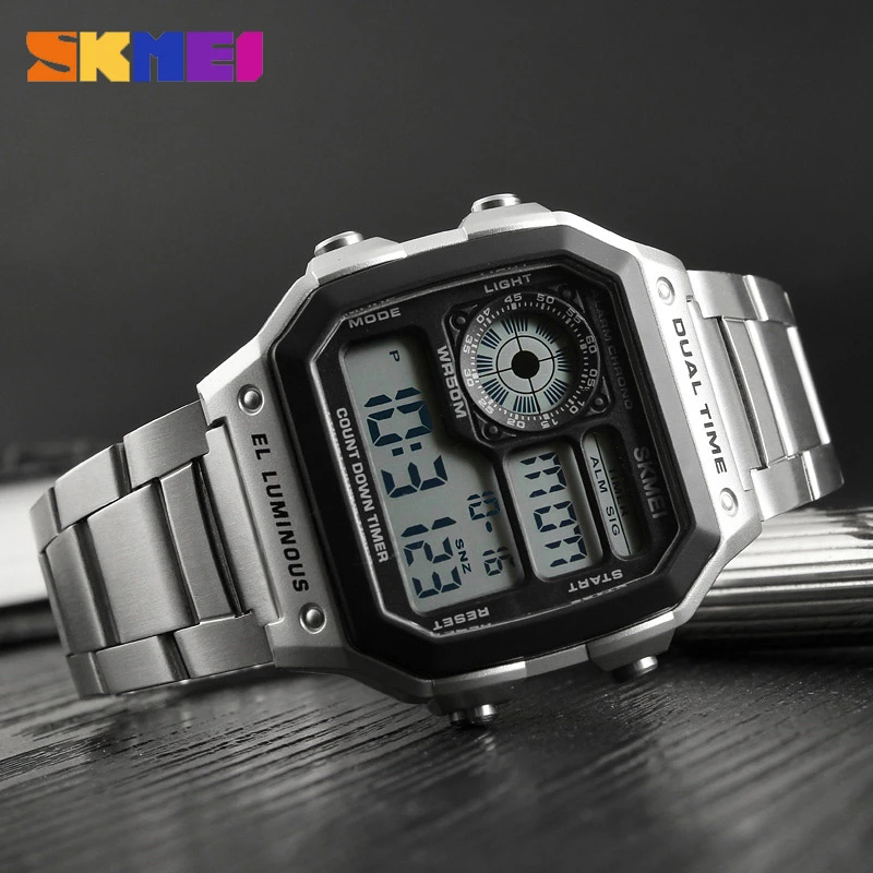 SKMEI Fashion Watches for Men Golden Stainless Steel Waterproof  Wristwatches Male Square Multifunctional Back Light Clock