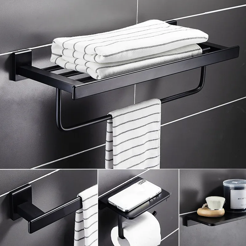 

Bathroom Accessories Set Aluminum Towel Bar Rack Corner Shelf Tissue Paper Holder Toilet Brush Wall Mounted Bath Hardware Black