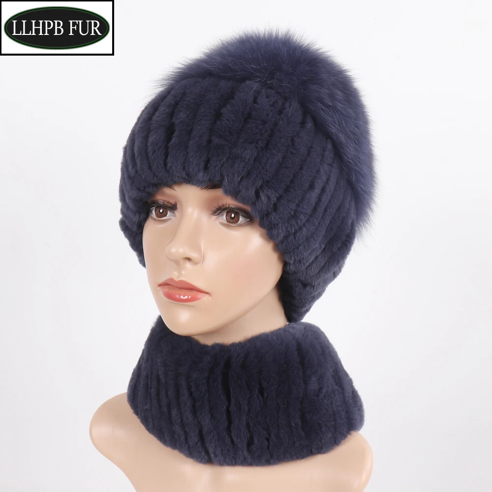 

2024 Lady Elasticity Knitted Rex Rabbit Fur Hat Scarf Sets Top Fox Fur Hat For Women Winter Warm Real Rex Rabbit Fur Hat Scarves