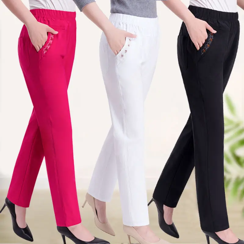 2024 Summer Women Pants Middle-aged Lady Elastic Waist Loose Casual Pants 4XL Pocket Thin Female Straight Trousers 2300