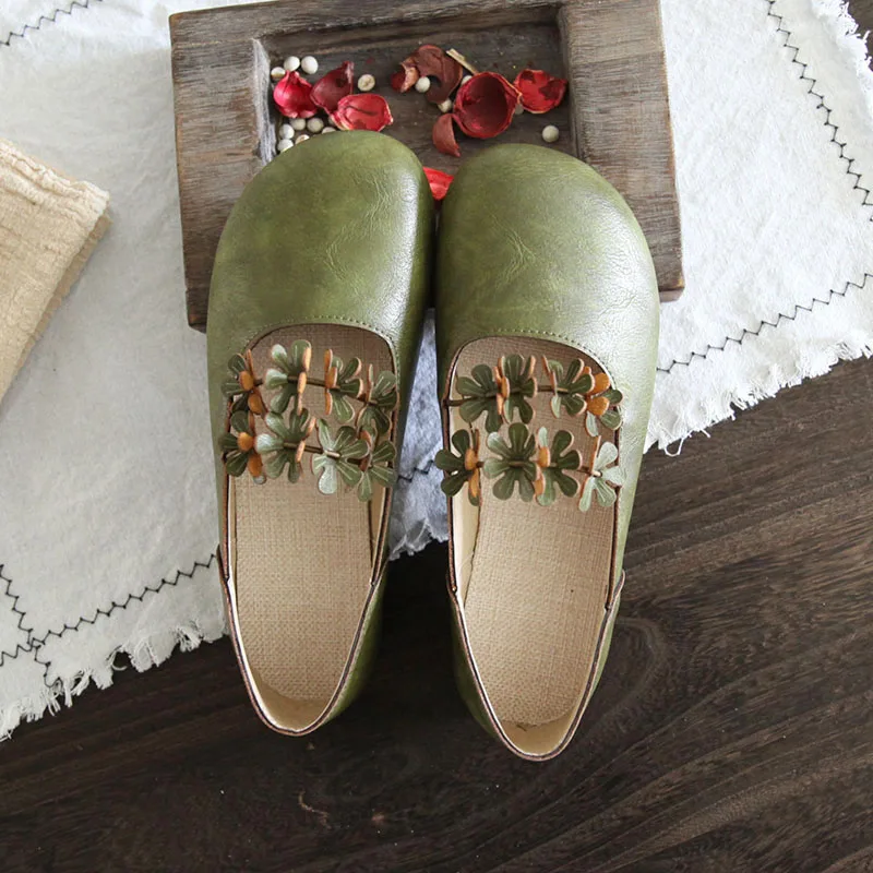 Careaymade-Retro flower petal round head shallow mouth single shoes fairy cotton hemp wind bean bottom lazy granny flat shoes