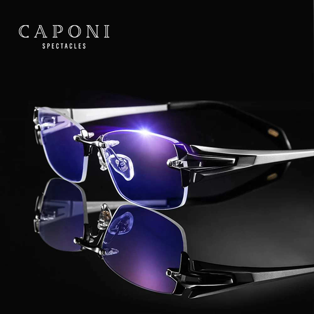 

CAPONI Pure Titanium Glasses Frame Rimless High Quality Classic Style Eyeglasses For Men Blue Light Filter Optical Frame JF1203