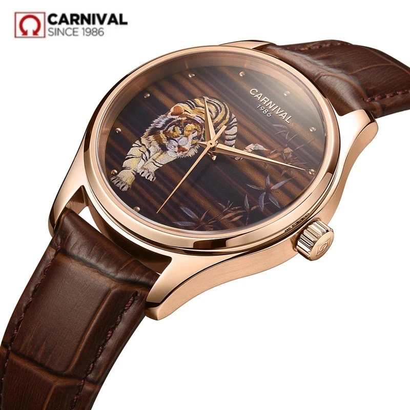 Carnival Brand Mens Luxury Automatic Watch Fashion 3D Tiger NH36 Movement Rose Gold Mechanical Wristwatches for Men Reloj Hombre