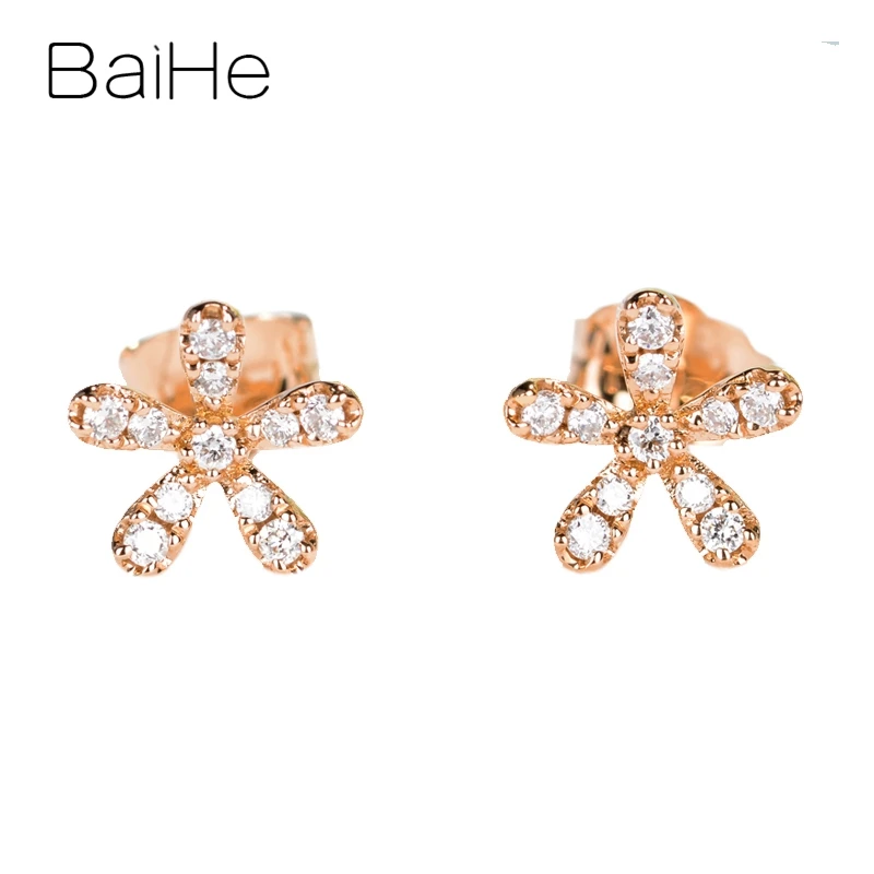 

BAIHE Solid 14K Rose Gold H/SI Sparkling Diamond Flower Stud Earrings Women Engagement Fine Jewelry boucle d’oreille kolczyki