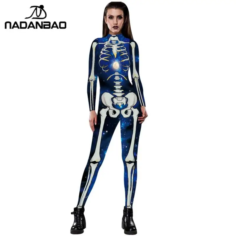 NADANBAO New Rose Esqueleto Traje Macacão 3D Impressão Assustador Trajes de Halloween Para As Mulheres Mecânico Crânio Bodysuit