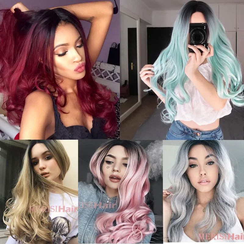 

Fashion 5 Color Black Ombre Long Wave Wigs Centre Parting Pink Loose Curly Wig Full Wig Cosplay Halloween Costume