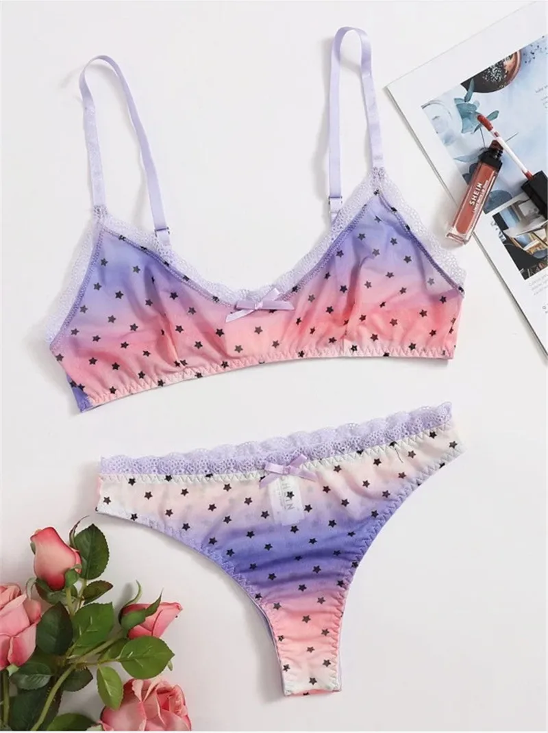 LEECHEE New Bra Set Star Print Lingerie Set Sexy Women\'s Underwear Gradient Color Sexy Bikini Lingerie Comfortable Bralette Set