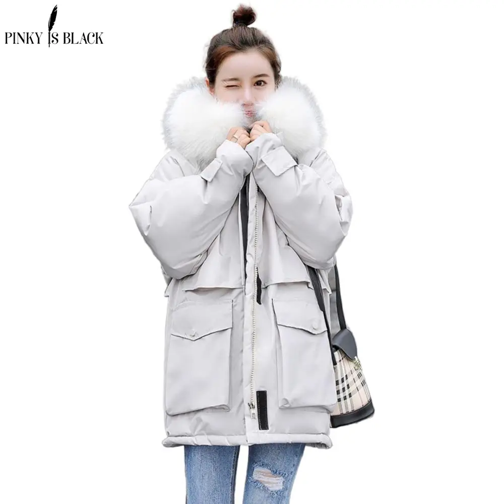 PinkyIsBlack 2020 New Fashoin Thick Loose Medium Long Winter Jacket Women Casual Big Pockets Hooded Parka Coat Female Fur Collar