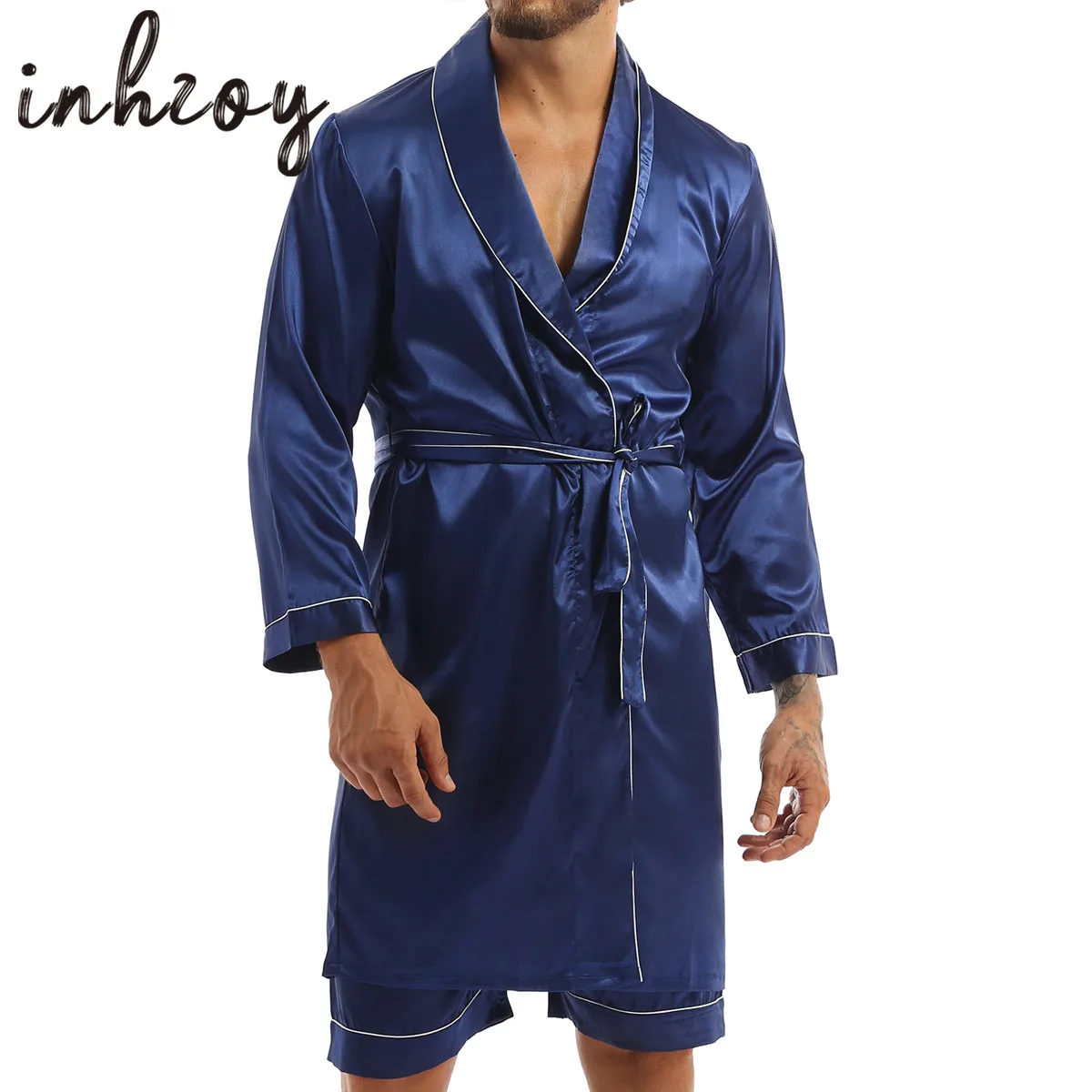 Men\'s Satin Robe Long Bathrobe Lightweight Sleepwear