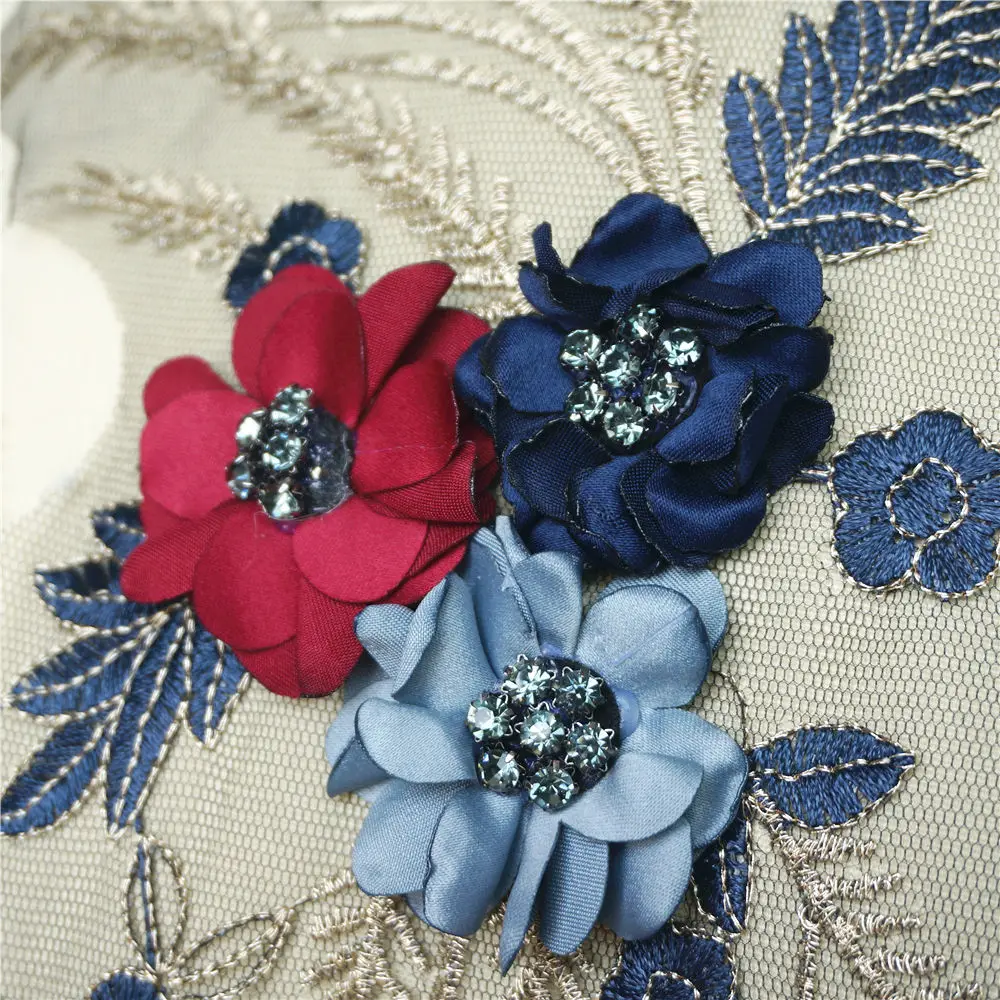 Navy Blue Red 3D Flowers Rhinestone Lace Fabric Embroidered Wedding Gown Appliques Black Mesh Sew Patch For Dress DIY Decoration