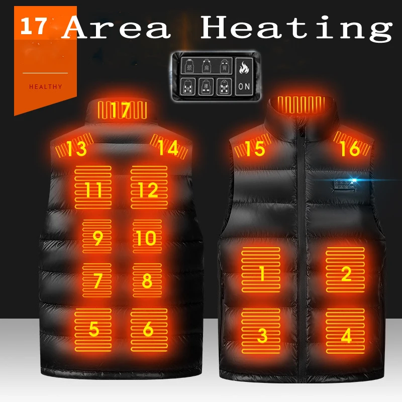 17PCS Heated Jacket Fashion Men Women Coat Intelligent USB Electric Heating Thermal Warm Clothes Winter Heated Vest Plussize