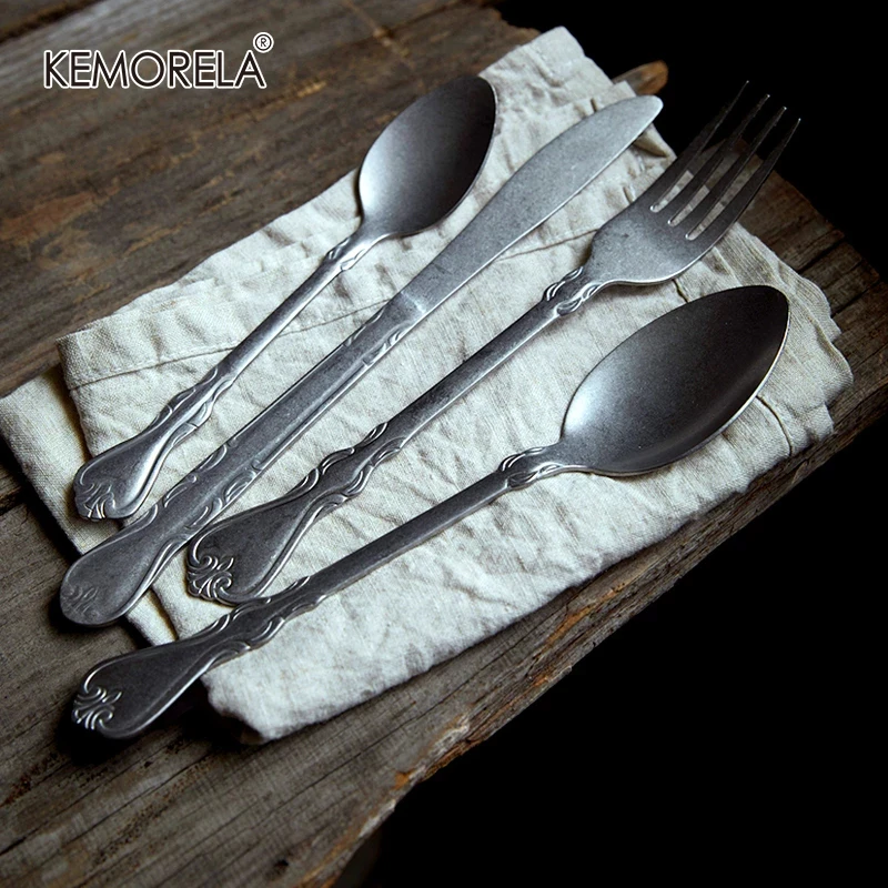 4PCS Dinnerware Set Retro Cutlery 304 Stainless Steel Knife Fork Dessert Spoon Kitchen Tableware Steak Fruit Flatware Silverware