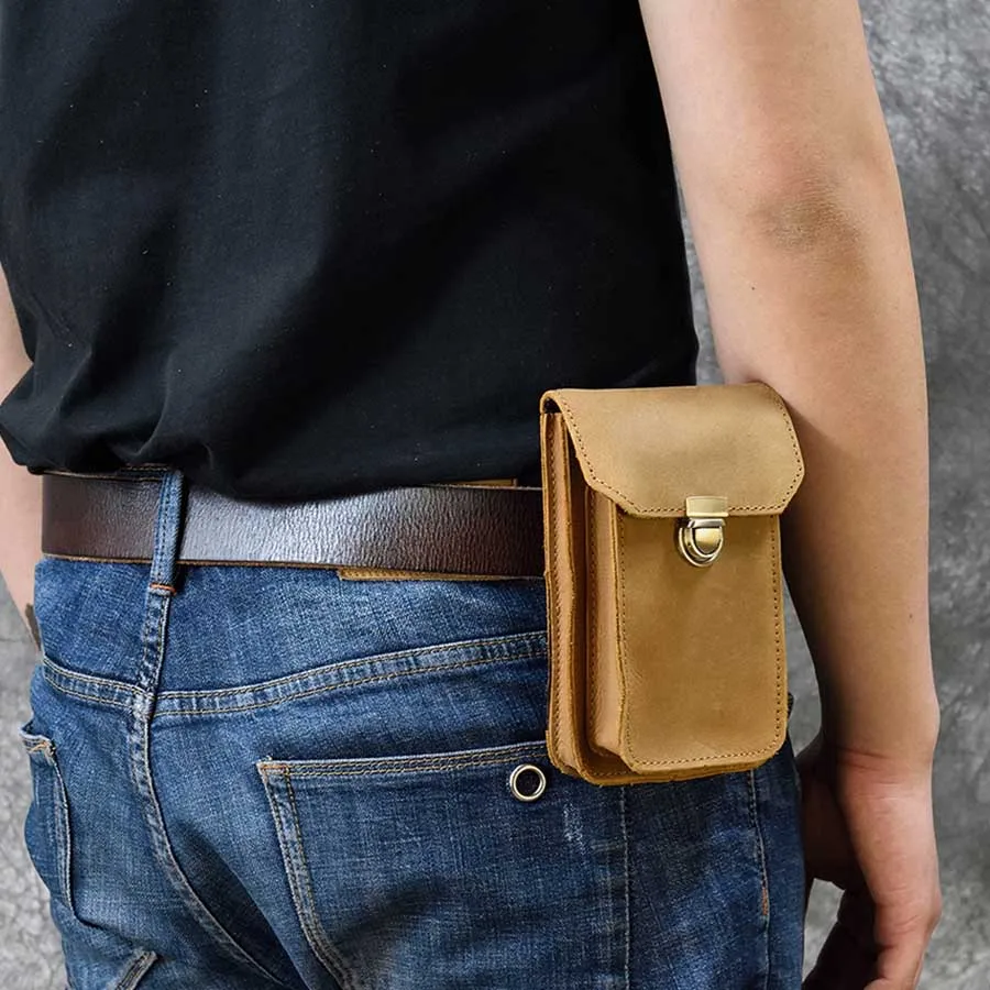 Men\'s Genuine Leather Belt Bag Real Leather Waist Bag Double Layer Waist Pack For Phone Buckle Cigarette Case Fanny Wallet Hook