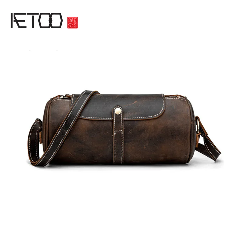 AETOO Leather cylinder shoulder bag, fashionable and simple mini messenger bag, retro pillow bag