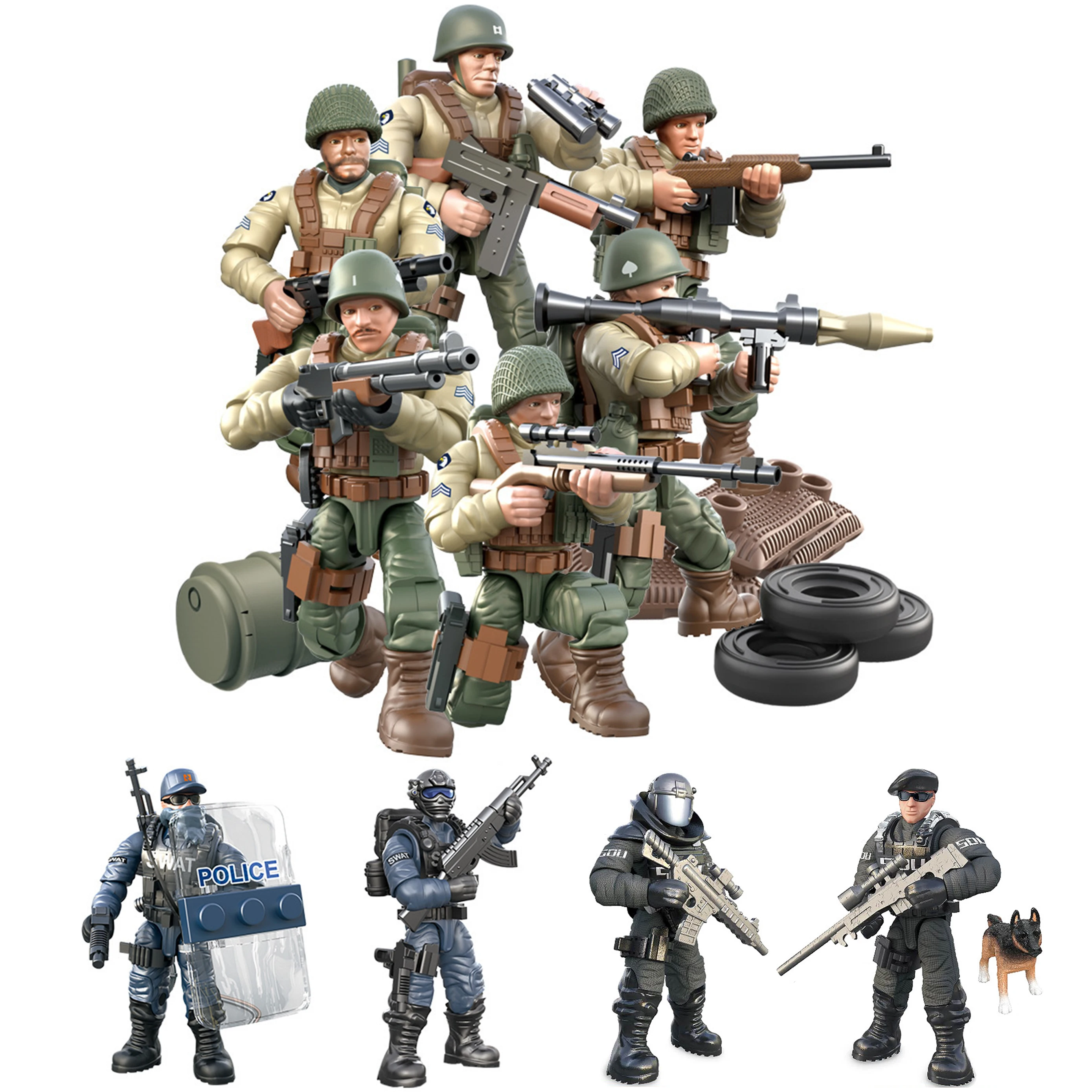 

1:35 DIY Figure WW2 Soldier SWAT USA Army Military Series Weapon Gun Playmobil Model Building Block Brick Children Kid Gift Toys