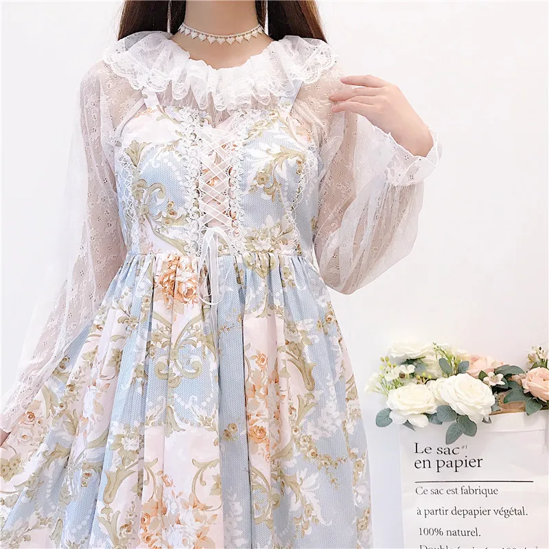 Süße prinzessin lolita kleid vintage spitze bowknot nette druck hohe taille viktorianischen kleid kawaii mädchen gothic lolita jsk loli cos