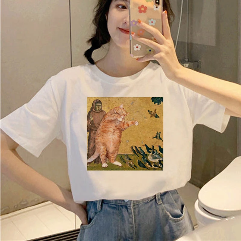 NEW Oil Painting Cat Graphic T Shirt Women Ullzang Cute Aesthetic  T-shirt 90s Funny Cartoon T Shirt Cats Meow Top Tee Female