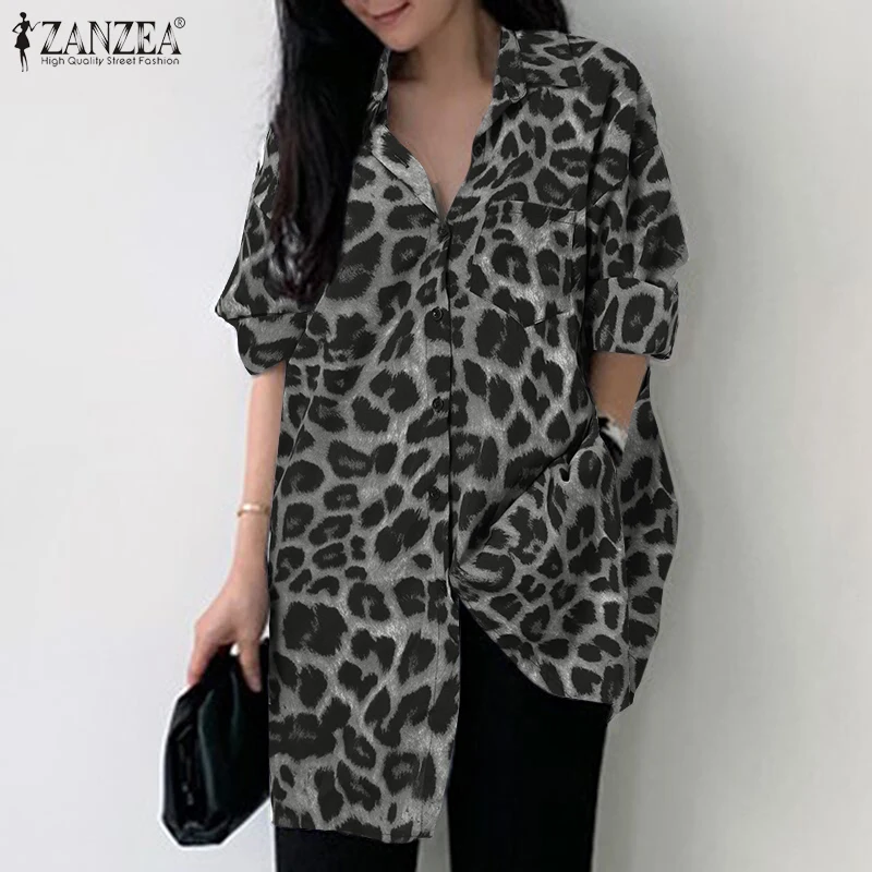 Frauen Casual Leopard Gedruckt Bluse ZANZEA Vintage Langarm Revers Hemd Herbst Urlaub Partei Chemise Übergroßen Tunika OL Tops