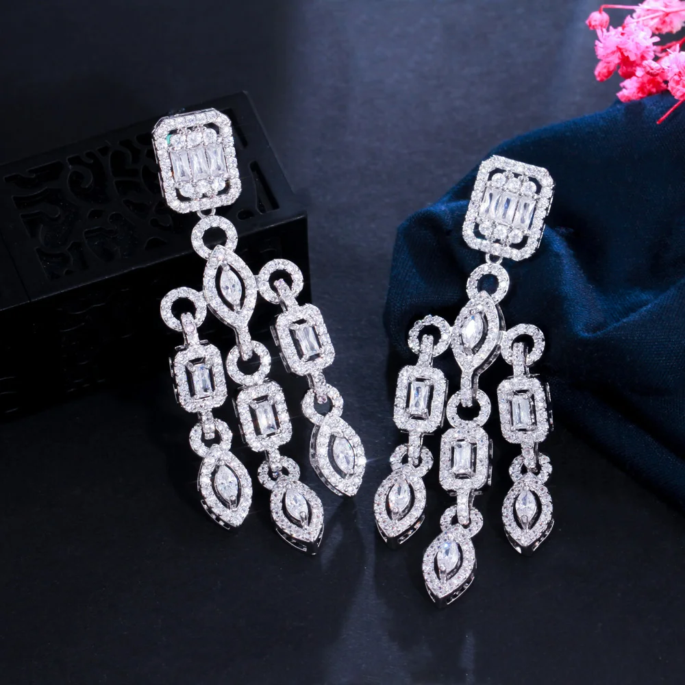 

CWWZircons Gorgeous Tassel Cubic Zirconia Pave Women Long Drop Earrings for Brides Wedding Banquet Engagement Jewelry CZ958