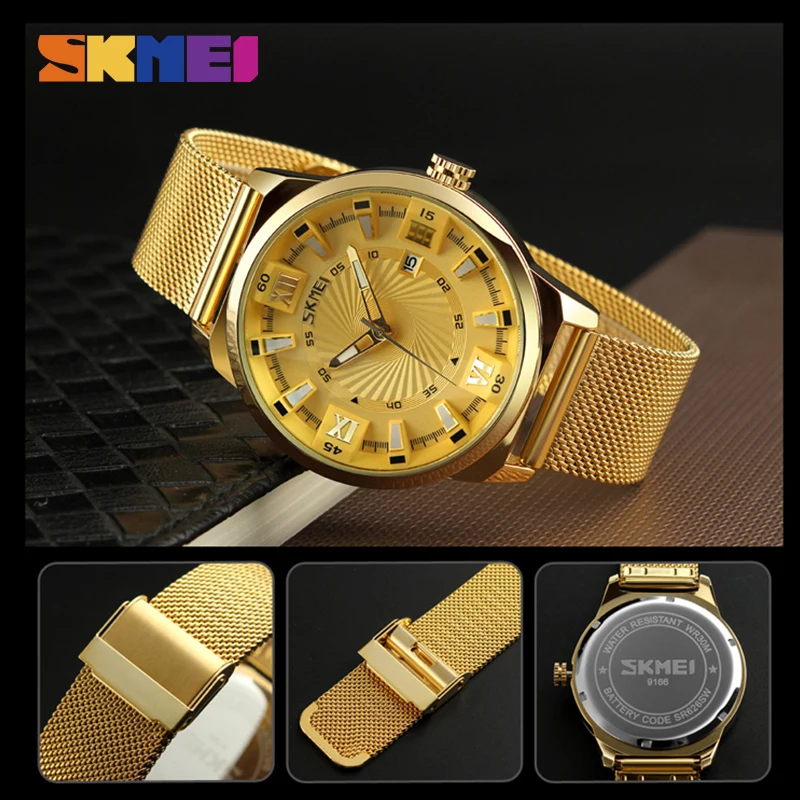 SKMEI Brand Business Mens Watches Luxury Golden Steel Mesh Band Quartz Wristwatches Original 9166 relogio masculino