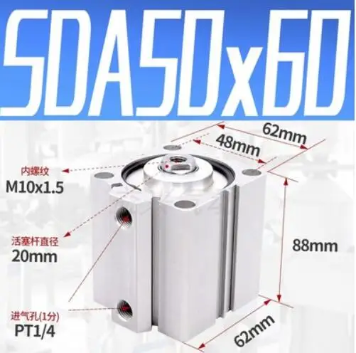 

SDA50*60, 50mm Bore 60mm Stroke Compact Air Cylinders SDA50X60 Dual Action Air Pneumatic Cylinder