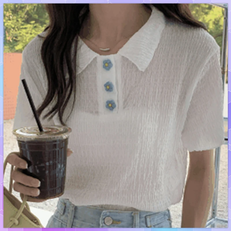 Floral Button Top Female Polo Tee Shirt Summer Short Sleeve T-shirt Women's T-Shirts Fashion 2021 Korean Simple Solid Slim Tops