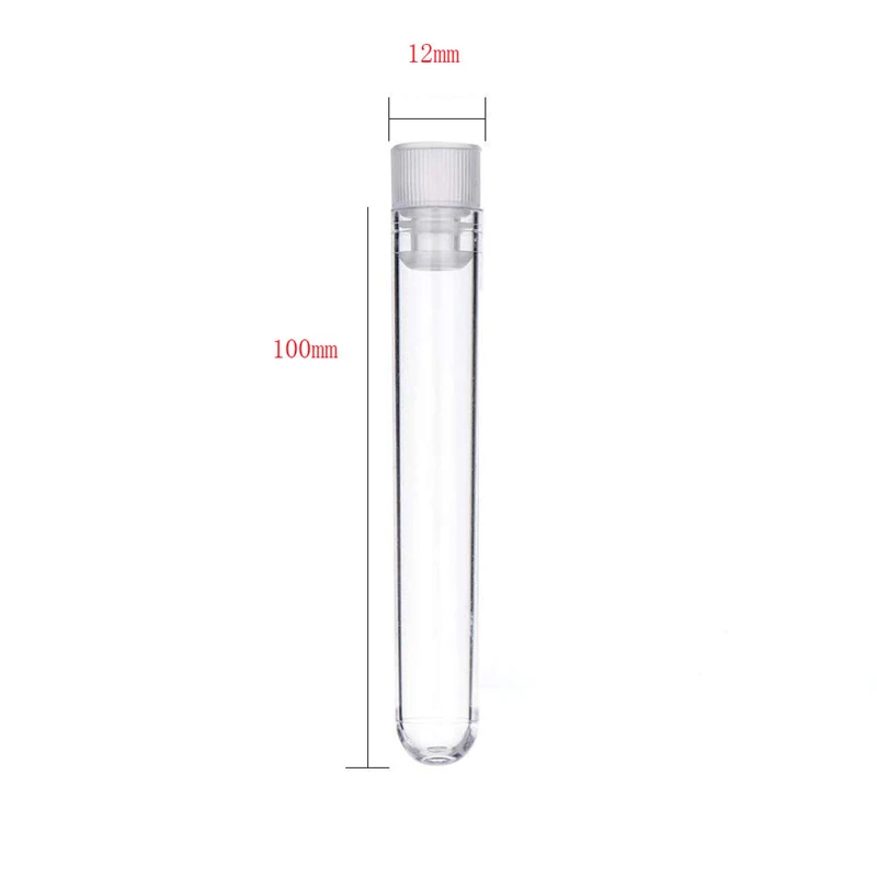 100Pcs 12X100mm Transparent Laboratory Clear Plastic Test Tubes Vials with Push Caps School Lab Supplies