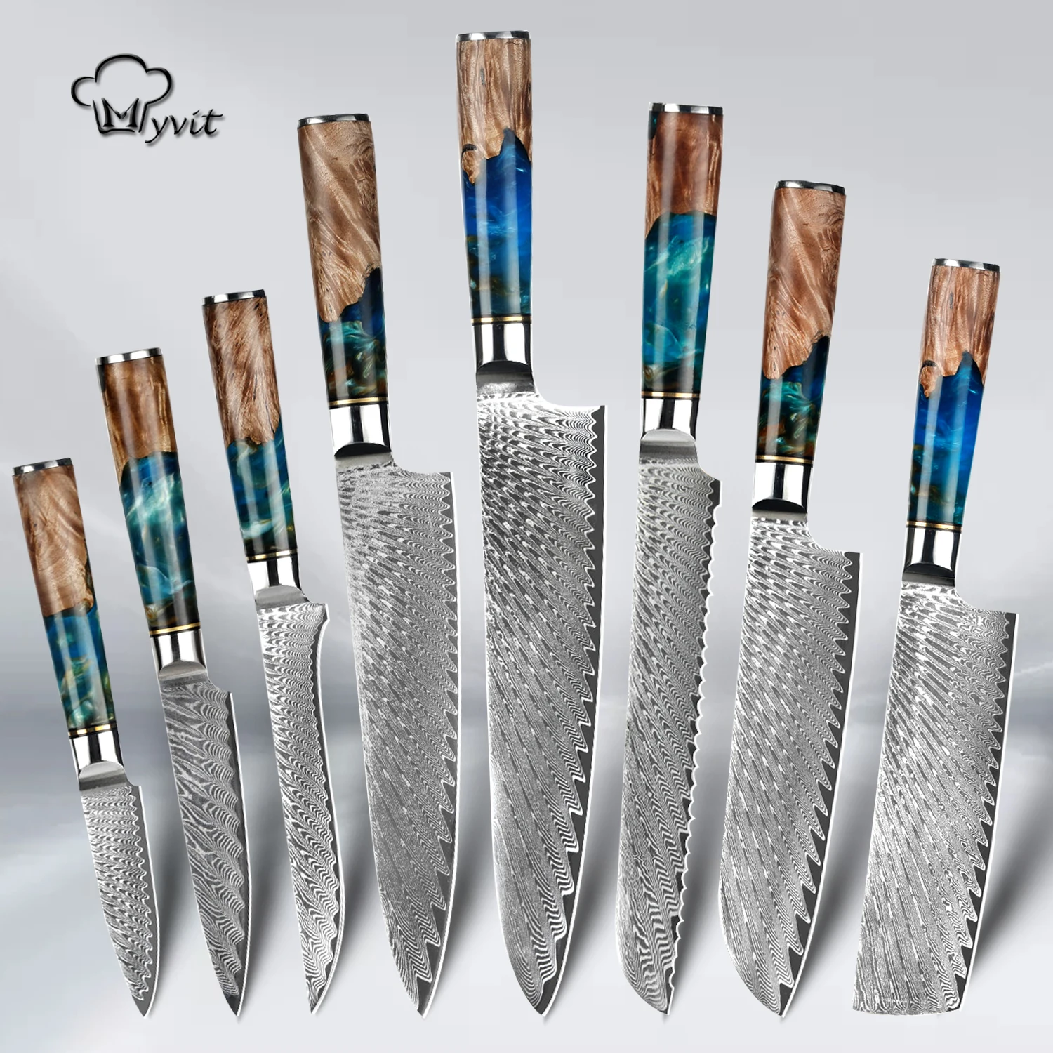 Kitchen Knives-Set Damascus Steel VG10 Chef Knife Cleaver Paring Bread Knife Blue Resin and Color Wood Handle 1-8PCS set