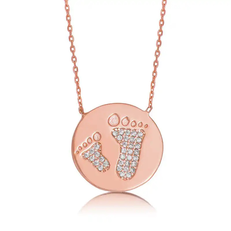 Silver Mother Baby Footprint Plate Necklace Zircon Stone 925 Sterling Women Fine Jewelry Wedding Party Birthday Gift - Box - Pendant - Chain Choker - Female - Ladies - Fashion