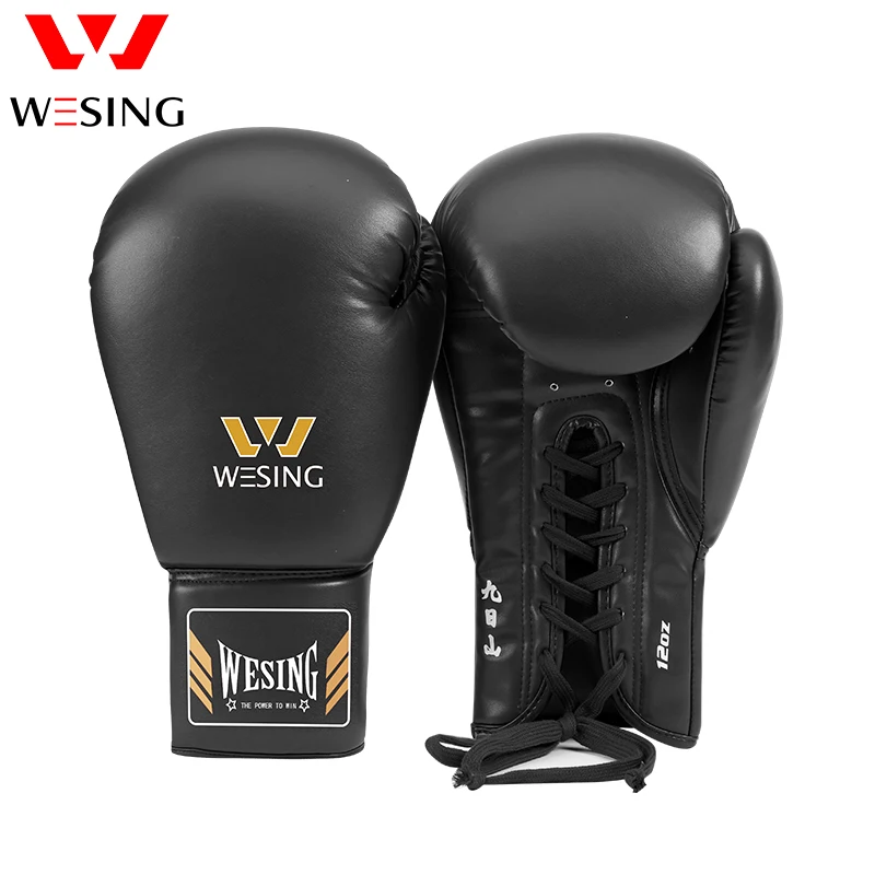 Wesing Lace-Up Boxing Gloves Pro Tied Style Sparring Gloves Large Size Competition Leather Training Muay Thai