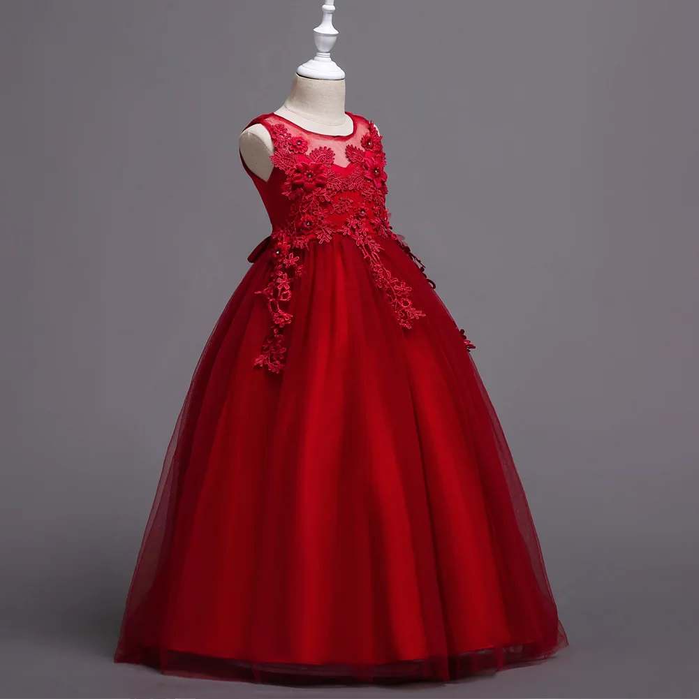 4-15yrs Kids Dresses For Girl Clothes Lace Flower Ball Gown Girls Long Dress For Wedding Prom Party Dresses Teenage Girl Costume